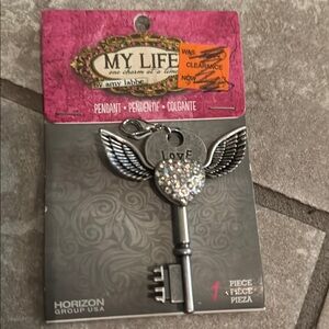 Silver Winged Key Pendant with Crystals